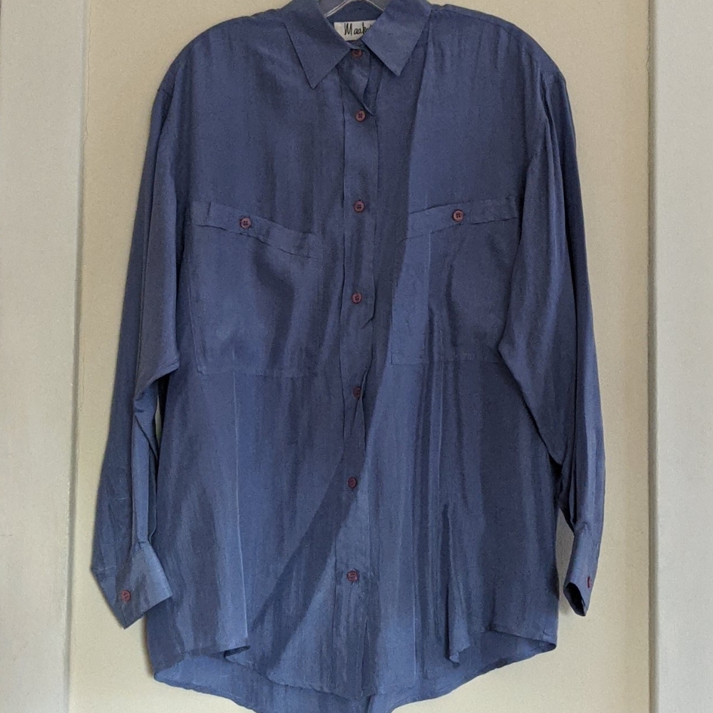 Vintage Silk Shirt size Petite Med Periwinkle blue